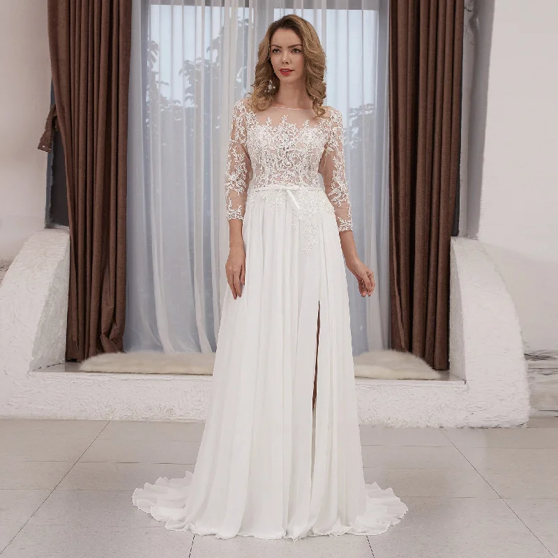 Three Quarter Sleeve Sheer Bodice Slit Sheath Wedding Dress Backless