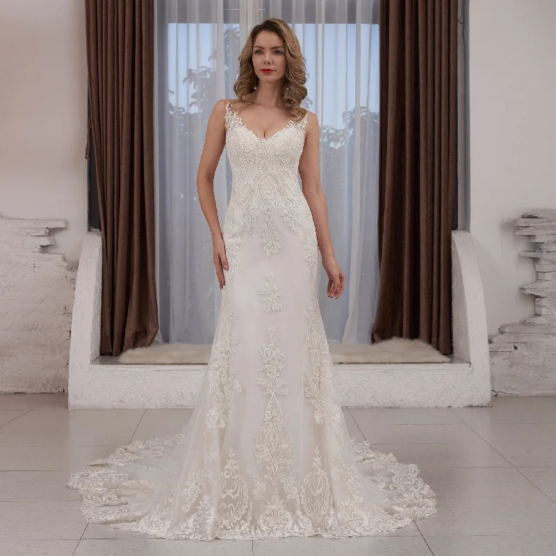 V-neck Fit and Flare Floral Lace Wedding Dress Sheer Back