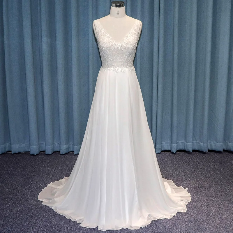 Vintage Sexy V-neck Lace Chiffon Sheath Bridal Gown Wedding Dress