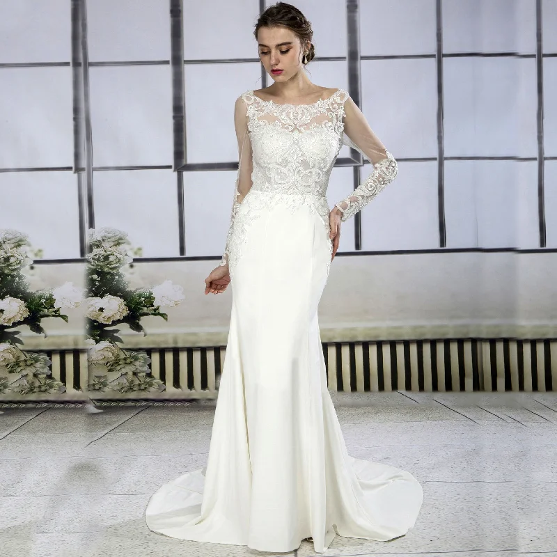 Vintage Sheer Floral Lace Wedding Dress with Long Sleeves