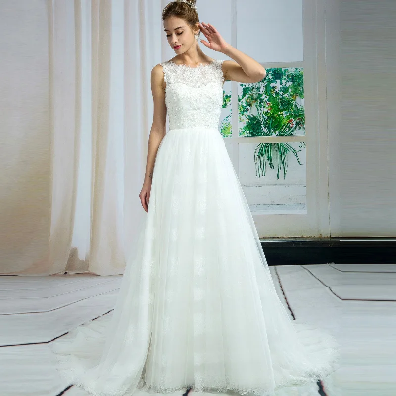 Wedding Dress Sheer Lace Neckline Romantic A-line Bridal Gowns