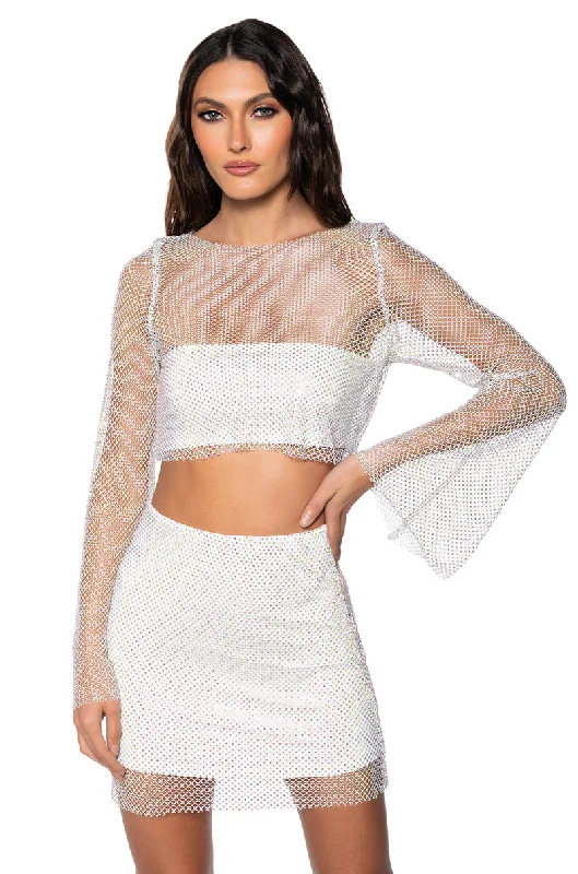 FLASHING LIGHTS RHINSTONE MESH LONG SLEEVE TOP IN WHITE