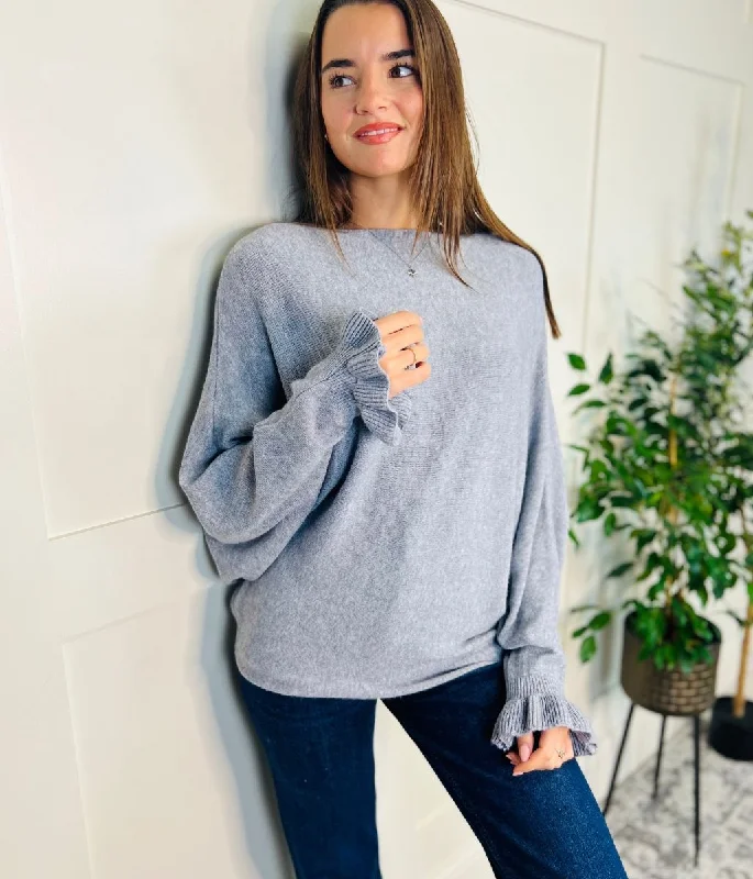 Grey Ruffle Sleeve Batwing Jumper